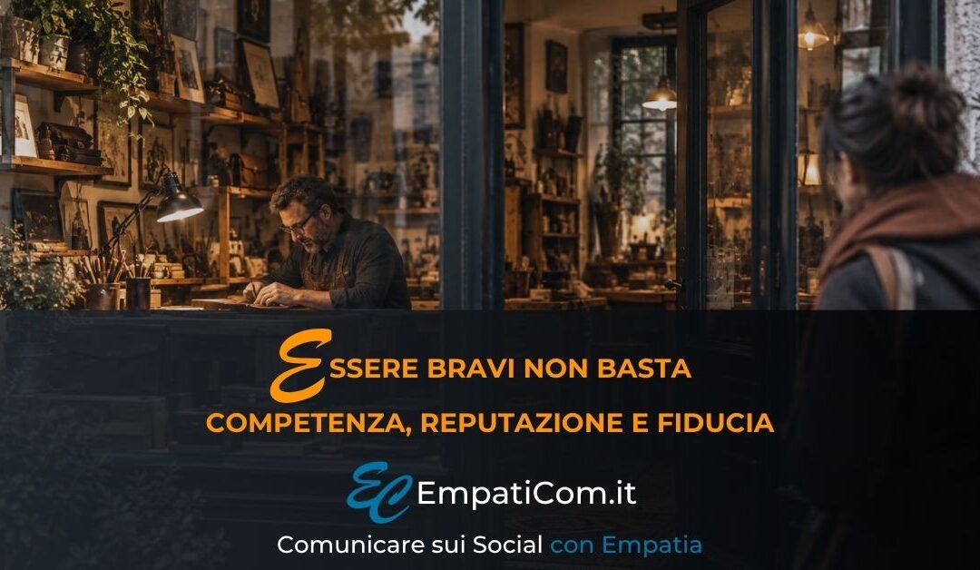 Artigiano al lavoro nel proprio laboratorio osservato da una cliente, immagine sul rapporto tra competenza, reputazione e fiducia.