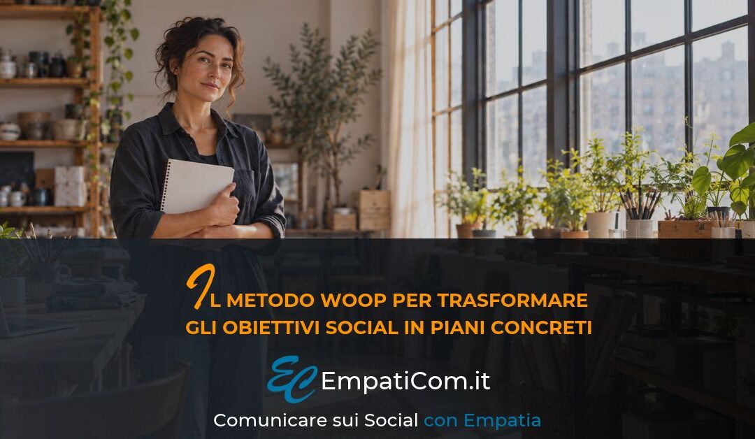 Piccola imprenditrice nel proprio spazio di lavoro mentre riflette sugli obiettivi social della sua attività.